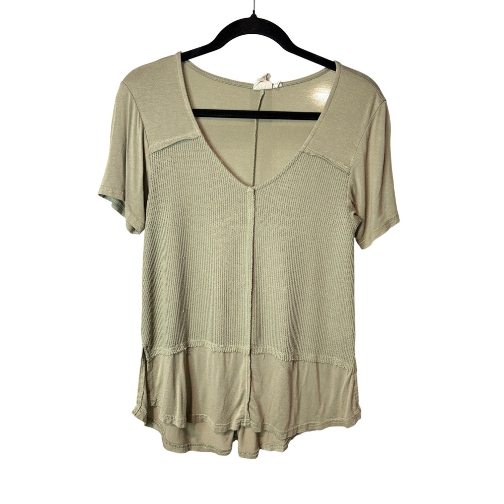 White Crow Sage Green Mixed Media Waffle Knit V-Neck Top Small